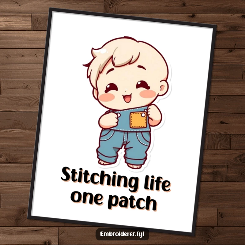 Funny Free Printable Wall Art: A joyful character is depicted happily sewing a colorful patch onto a pair of blue overalls.