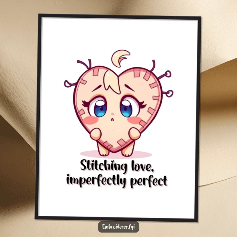 Funny Free Printable Wall Art: A surprised character wide-eyed at a wobbly, half-finished stitched heart, celebrating handmade love.