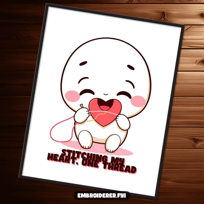 Funny Free Printable Wall Art: A smiling character is depicted stitching a large, vibrant red heart with needle and thread.