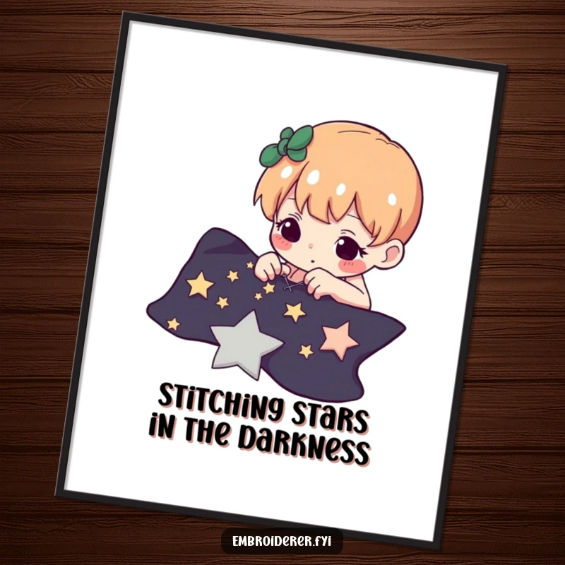 Funny Free Printable Wall Art: Determined character meticulously stitching tiny bright stars onto a dark fabric background.