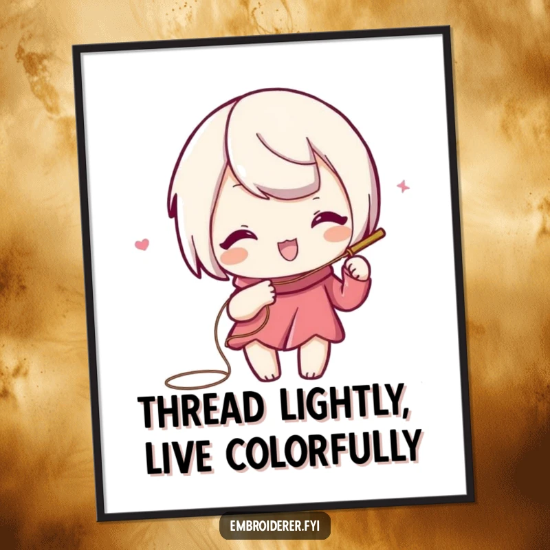 Funny Free Printable Wall Art: Playful character sewing a swirling decorative line, artistic downloadable decor.