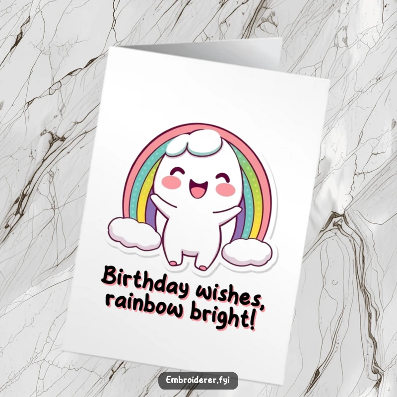 Funny Free Printable Birthday Card: Joyful character proudly shows off a perfectly stitched miniature rainbow arc, spreading birthday happiness.
