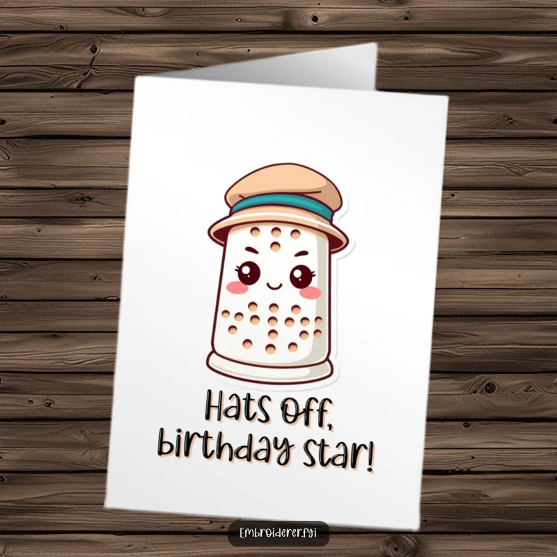 Charming Free Printable Birthday Card of a determined thimble wearing a tiny hat, perfect for a stylish birthday.
