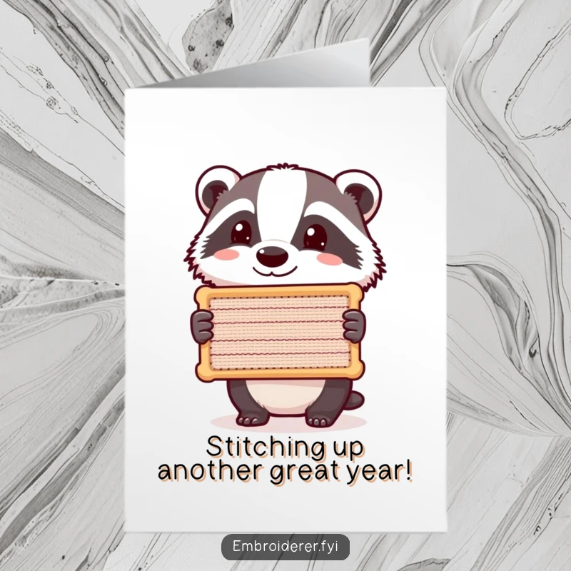 Funny Free Printable Birthday Card: A contented badger proudly displays a beautifully stitched piece of fabric with a smile.