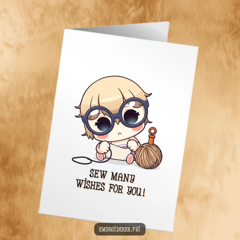 Funny Free Printable Birthday Card: A cute character with big glasses intensely focuses on sewing with a needle and thread.