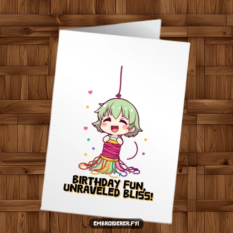 Funny Free Printable Birthday Card: Giggling character joyfully dropping a spool of thread, creating a vibrant, colorful cascade.