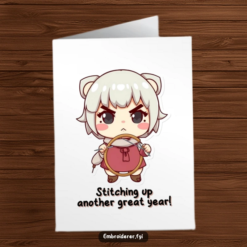 Funny Free Printable Birthday Card: Determined character intensely embroiders, capturing the DIY spirit with a needle and hoop.