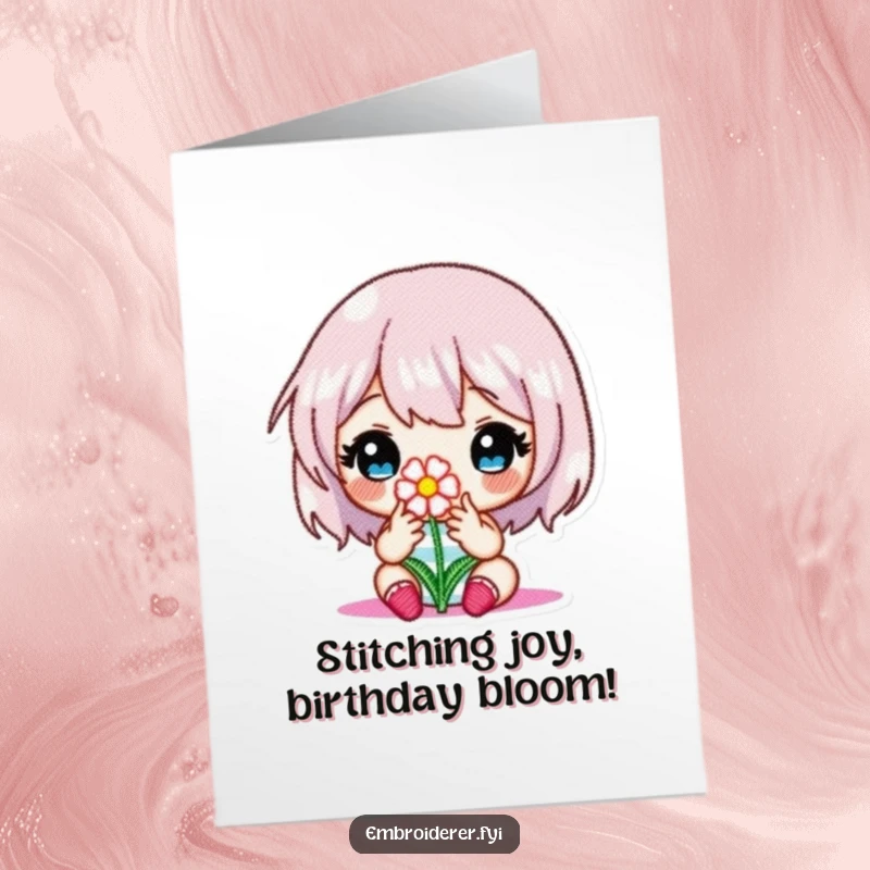 Free Printable birthday card showing a concentrated character meticulously embroidering a small, beautiful flower onto a fabric.