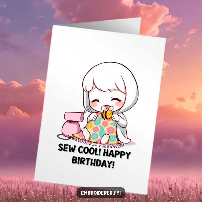 Funny Free Printable Birthday Card featuring a character sewing a smiling bee onto fabric, perfect for crafters.