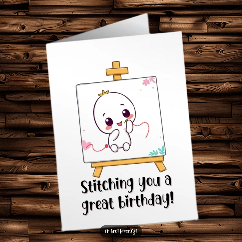 Funny Free Printable Birthday Card: Whimsical character hilariously stitches a wiggly thread line across a colorful canvas, spreading birthday cheer.