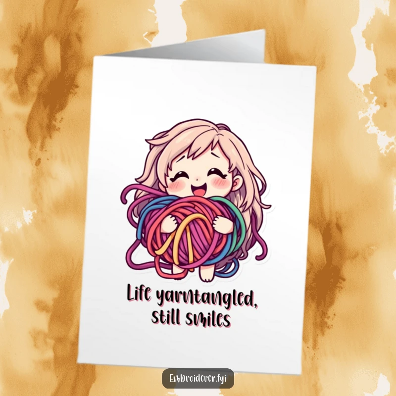 Funny Free Printable Birthday Card: Smiling character happily tangled in yarn, a whimsical and downloadable gift for crafters.