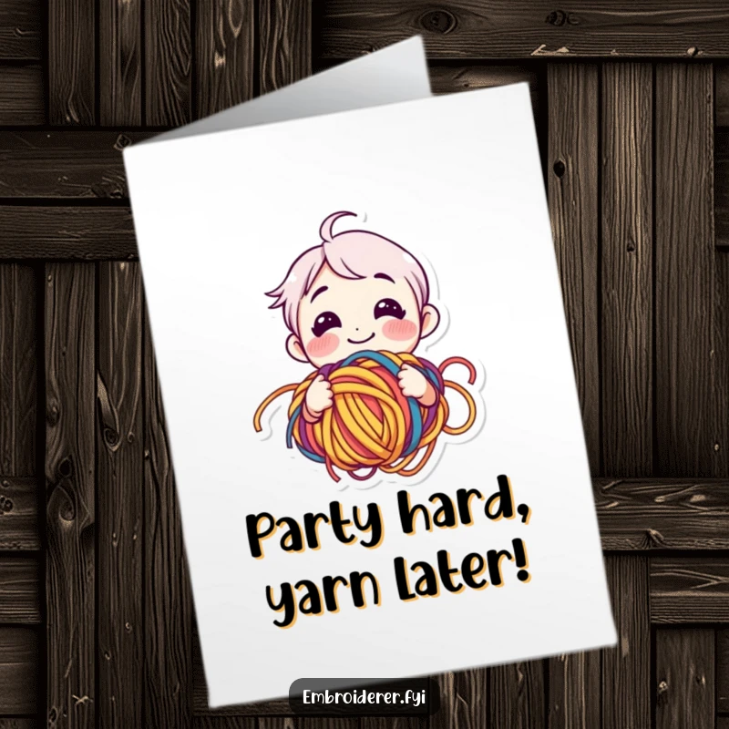 Funny Free Printable Birthday Card: A smiling character happily bewildered by a gigantic tangled ball of colorful yarn.