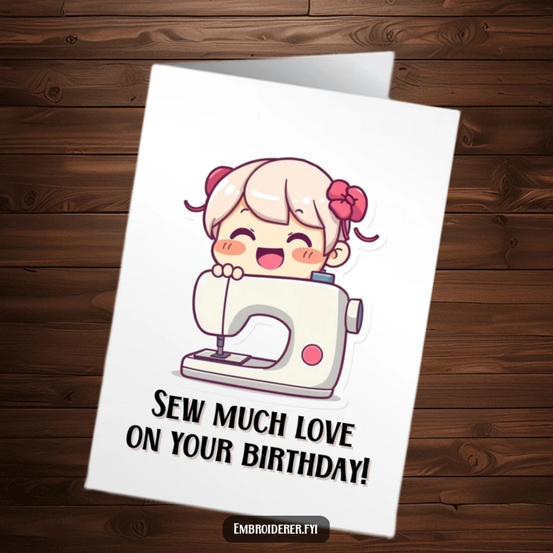 Funny Free Printable Birthday Card: A delighted character joyfully using a sewing machine, celebrating creativity and fun.