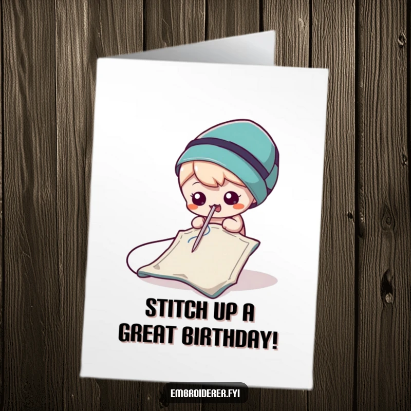 Funny Free Printable Birthday Card: A cartoon needle with a cheeky grin playfully poking a colorful scrap of fabric.