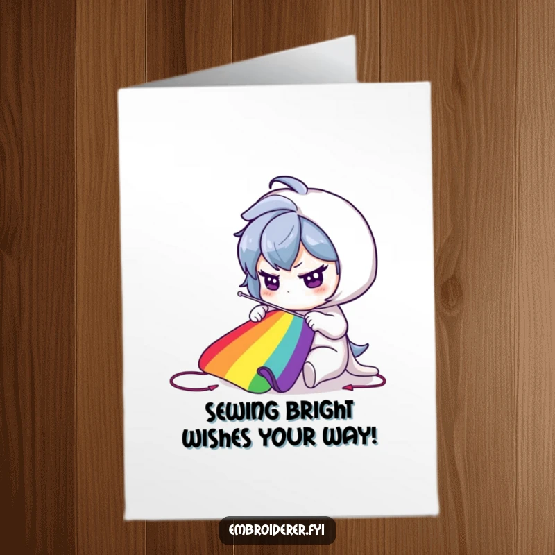 Funny Free Printable Birthday Card: A determined character is sewing a vibrant rainbow with a large needle.