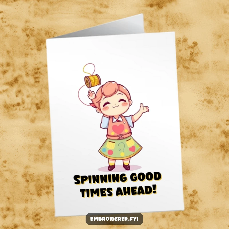 Funny Free Printable Birthday Card: Cheerful character in an apron playfully tosses a spool of thread, celebrating a birthday.