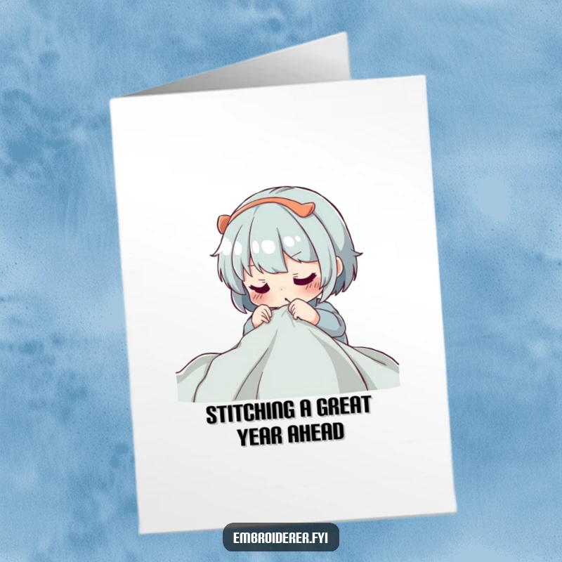 Funny Free Printable Birthday Card showing a character concentrating intensely while guiding a needle through fabric, stitching up some birthday cheer.