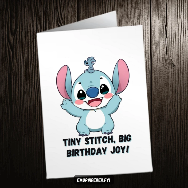 Funny Free Printable Birthday Card showing a character with a delighted expression holding up a single, ridiculously small stitch, celebrating a small win.