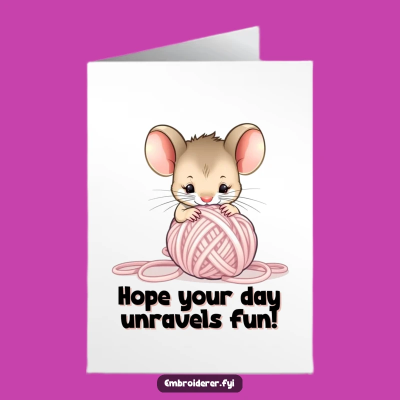 Free Printable Birthday Card: Curious Mouse & Yarn, Funny Downloadable Gift for Knitters