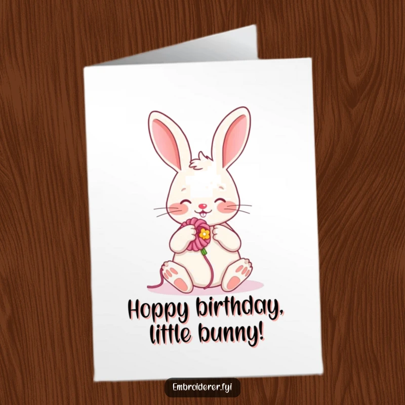 Funny free printable birthday card: a cheerful rabbit happily embroiders a vibrant flower with colorful yarn.