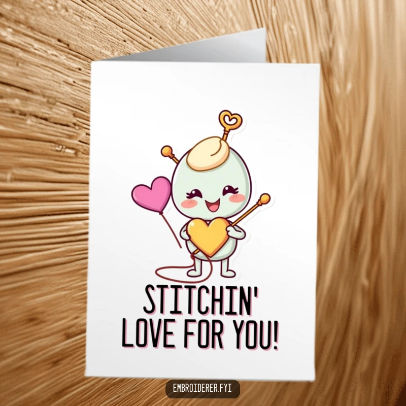 Joyful Free Printable Birthday Card featuring a smiling needle stitching a colorful heart, perfect for crafters.