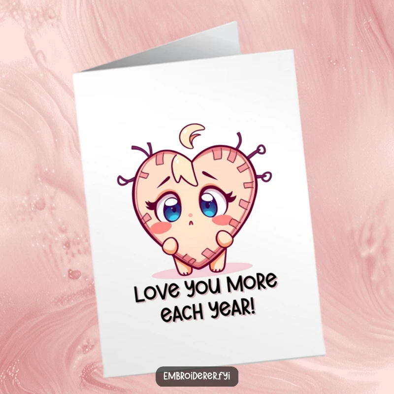 Funny Free Printable Birthday Card: A surprised character wide-eyed at a wobbly, half-finished stitched heart.