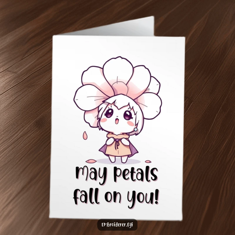 Funny Free Printable Birthday Card: Surprised character looks up as a large embroidered flower petal drifts down, celebrating a birthday.