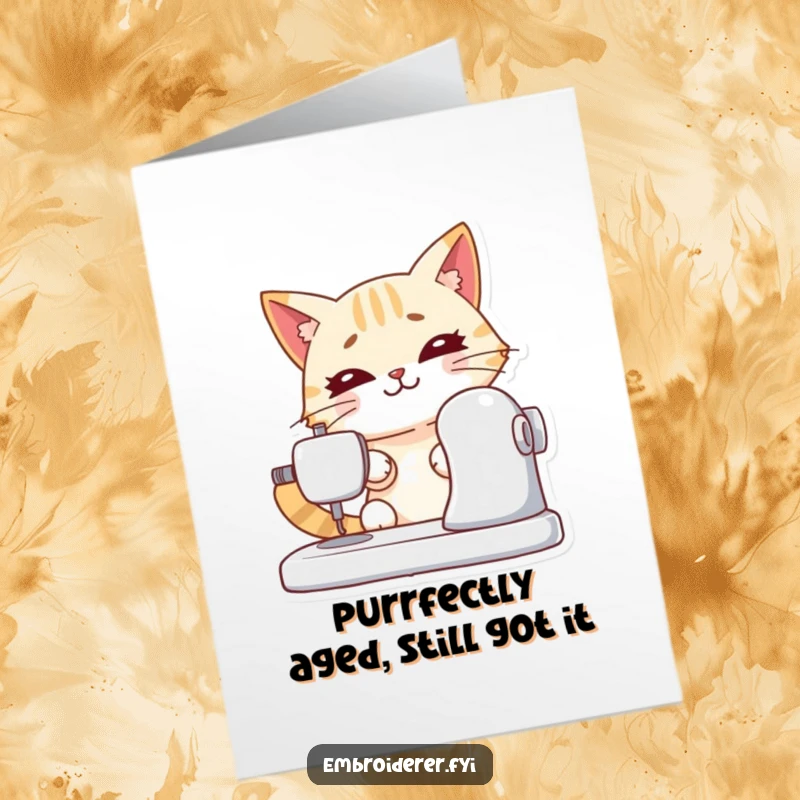 Funny free printable birthday card: a determined cat enthusiastically operates a sewing machine, ready to party.