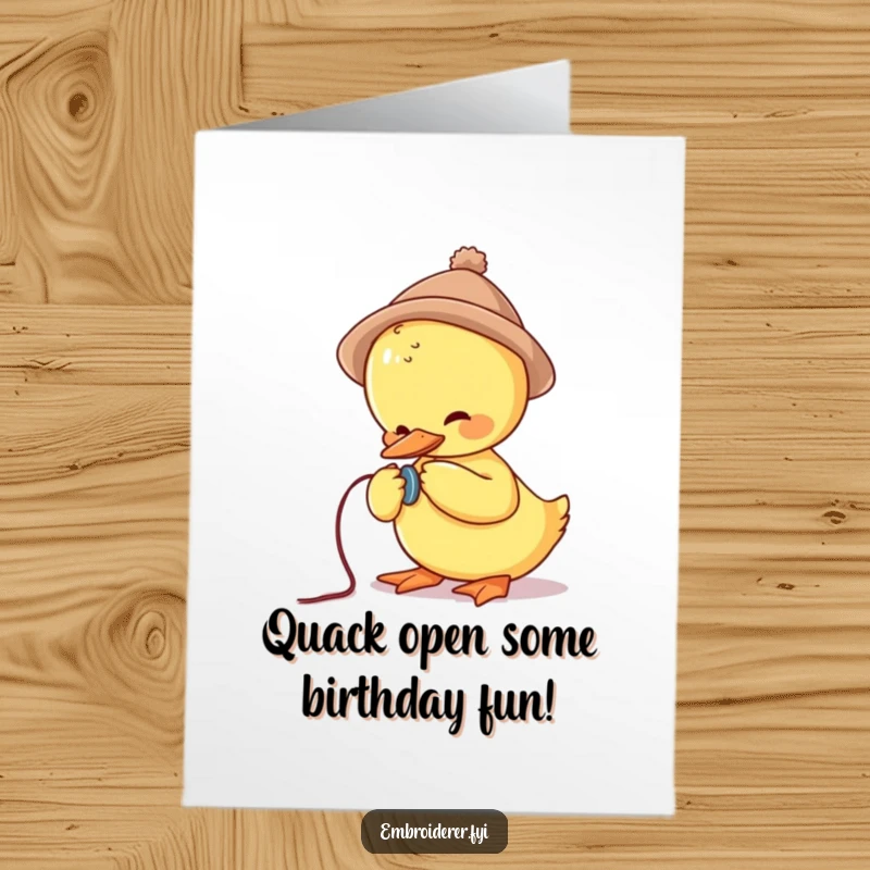 Funny Free Printable Birthday Card: A duck in a tiny hat comically struggles to sew a button, celebrating.