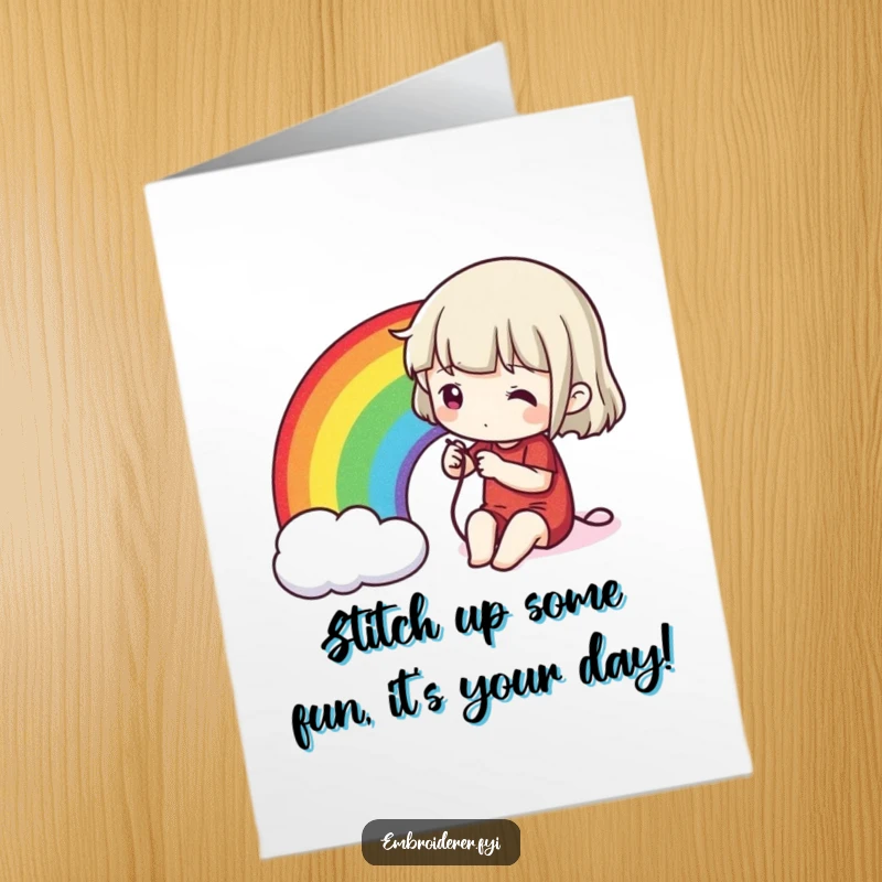 Funny Free Printable Birthday Card: Character carefully stitching a vibrant rainbow onto fabric with a needle and thread.
