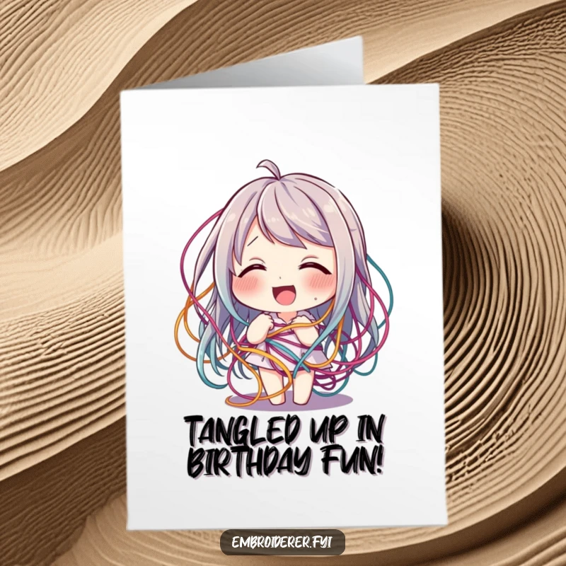 Funny Free Printable Birthday Card: Character giggling as colorful threads playfully tangle around them, celebrating joyfully.