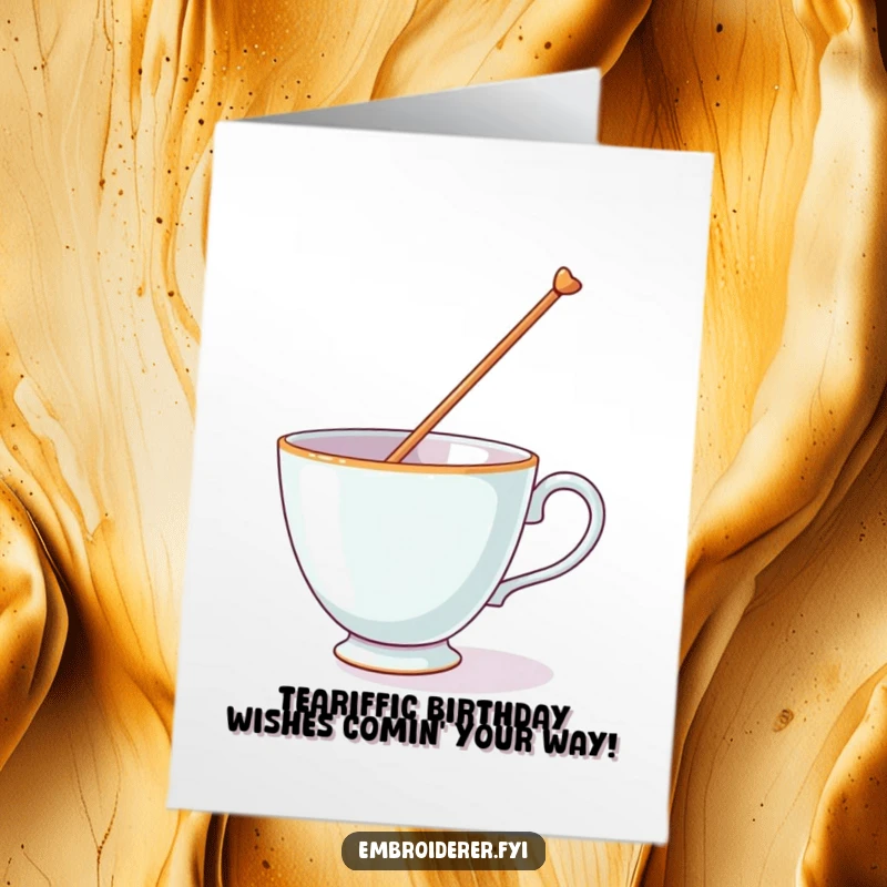 Funny free printable birthday cardshowing a teacup wobbling with a giant needle balanced precariously on its rim, ready for a laugh.