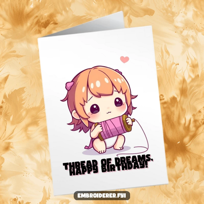 Free Printable birthday card featuring a curious character looking with wide eyes and wonder at a spool of colorful thread.