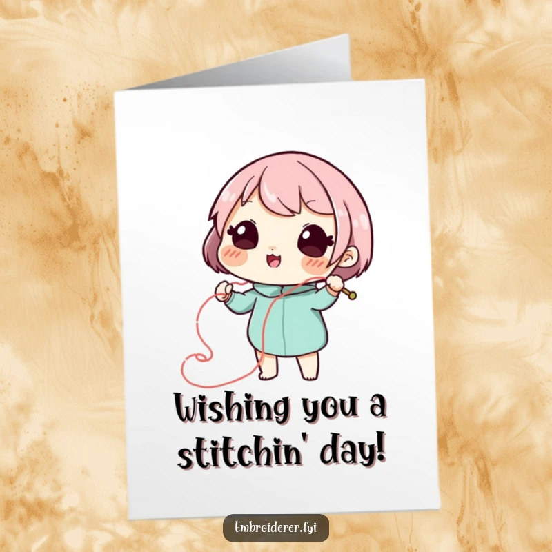 Funny Free Printable Birthday Card: A playful character uses needle and thread to draw a swirling, decorative line.