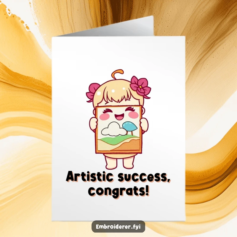 Free Printable congratulations card depicting a character radiating joy while proudly displaying a stunning piece of embroidered artwork.