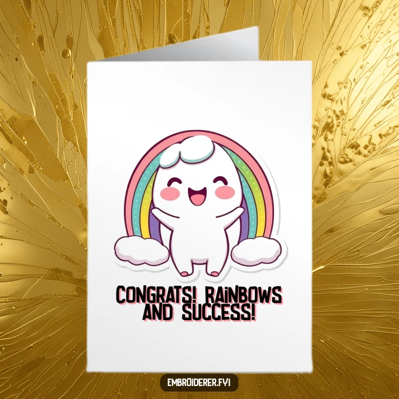 Funny Free Printable Congrats Card: A joyful character proudly displays a perfectly stitched miniature rainbow arc, celebrating success with flair.