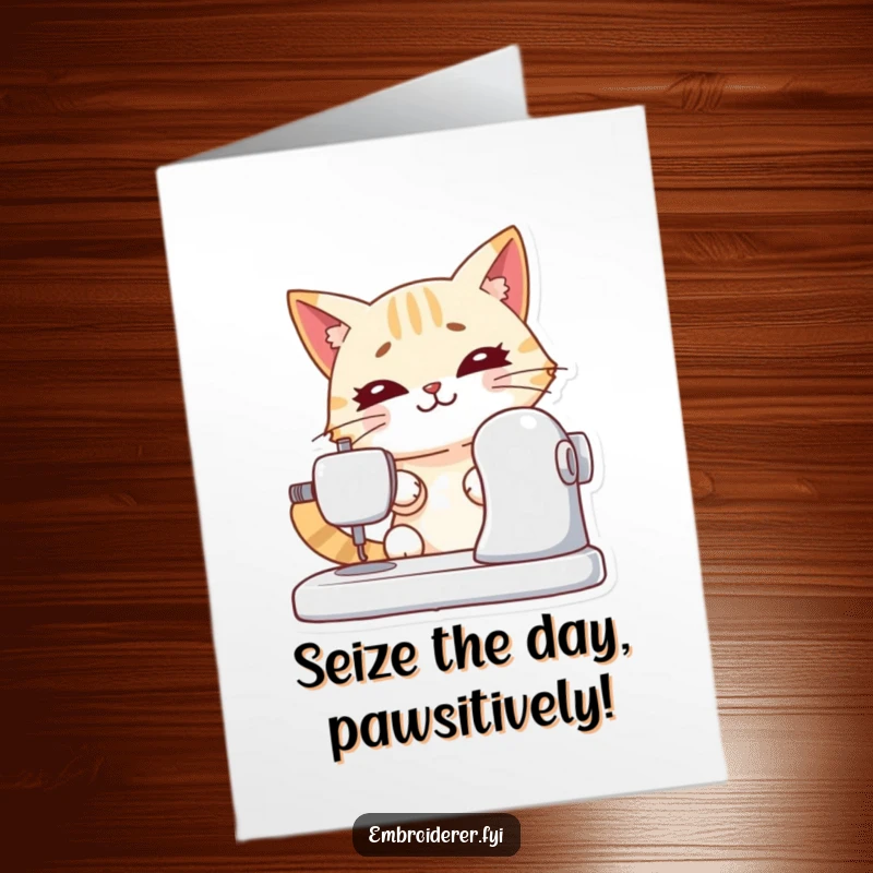 Funny free printable congratulations card: a happy cat intently uses a sewing machine to celebrate a win.