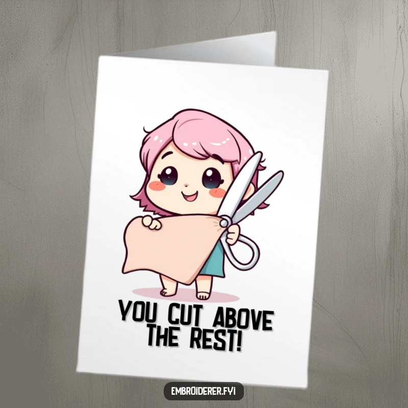 Funny Free Printable Congratulations Card: Happy character holding comically large scissors, ready to cut fabric for a big win.