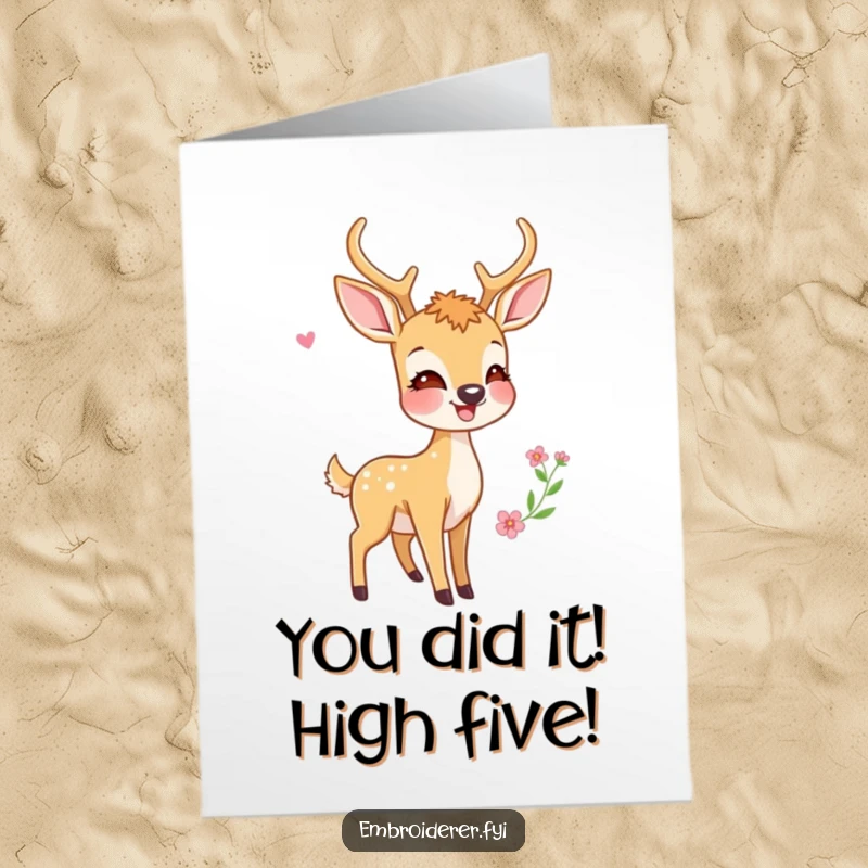 Funny Free Printable Congratulations Card: A proud deer beams next to a stunning embroidery piece, celebrating a great accomplishment.