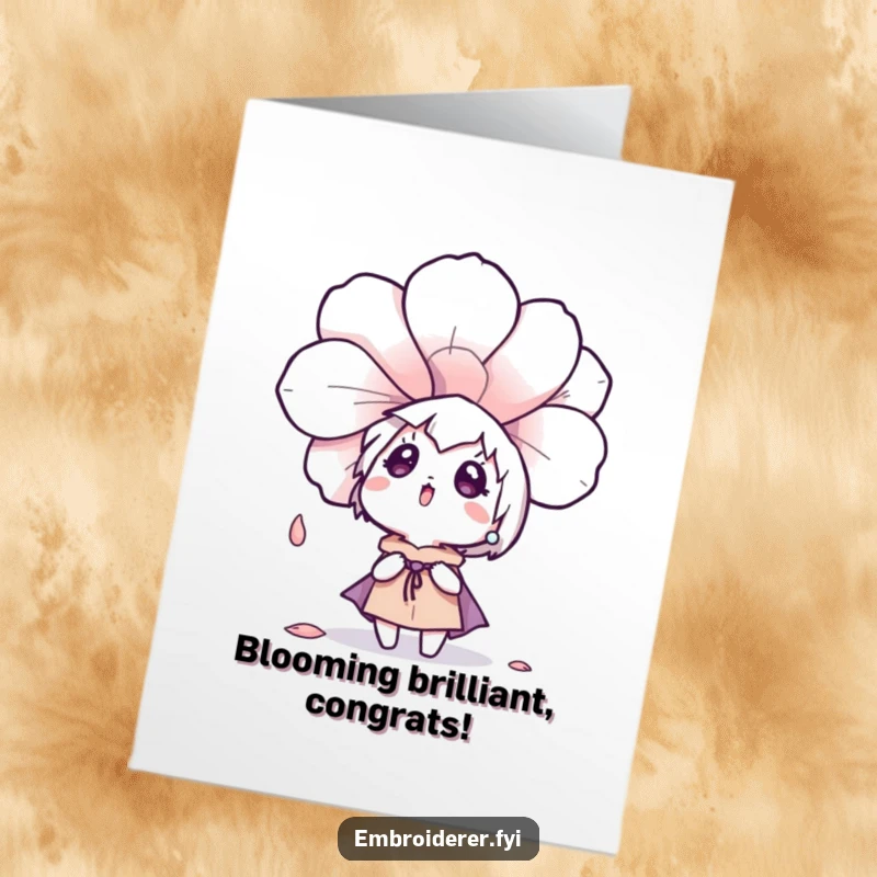 Funny Free Printable Congratulations Card: Surprised character looks up as a large embroidered flower petal gently drifts down, celebrating success.