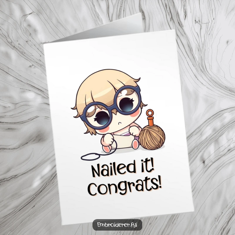 Funny Free Printable Congrats Card: A character with oversized glasses intently sewing with a needle and thread, celebrating completion.