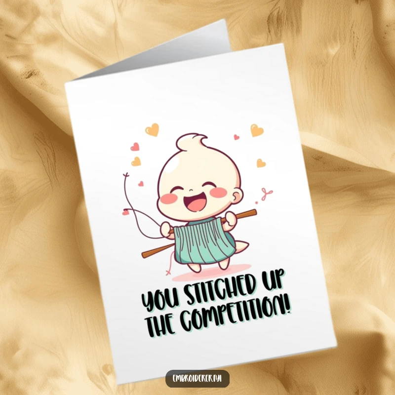 Funny Free Printable Congratulations Card: Cheerful figure laughing while stitches fly from a needle at high speed, celebrating fast achievements. A downloadable gift.