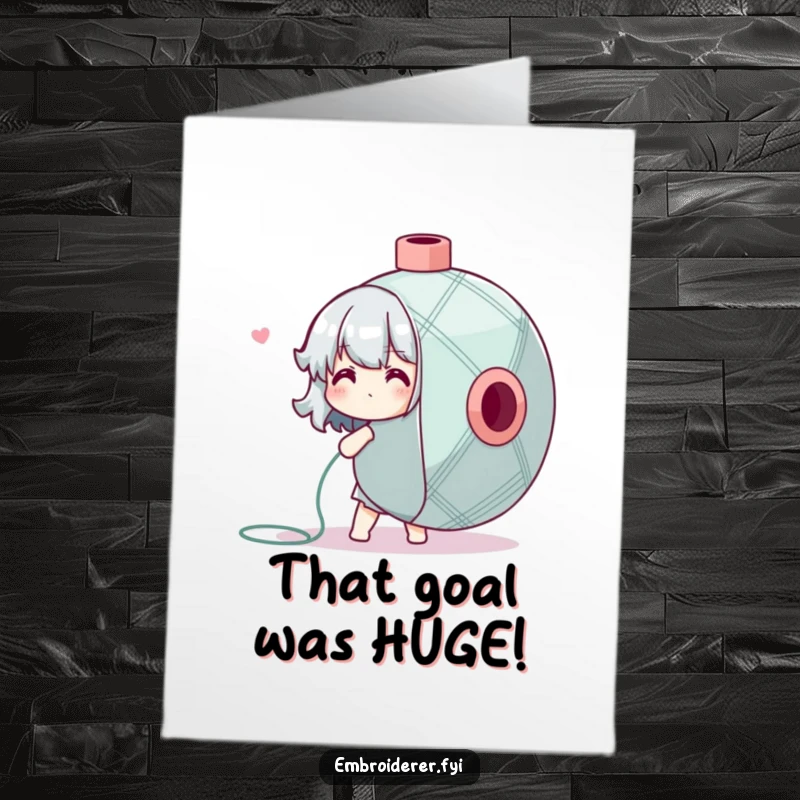 Funny Free Printable Congratulations Card showing a character hilariously struggling with a giant spool of floss, a DIY gift.