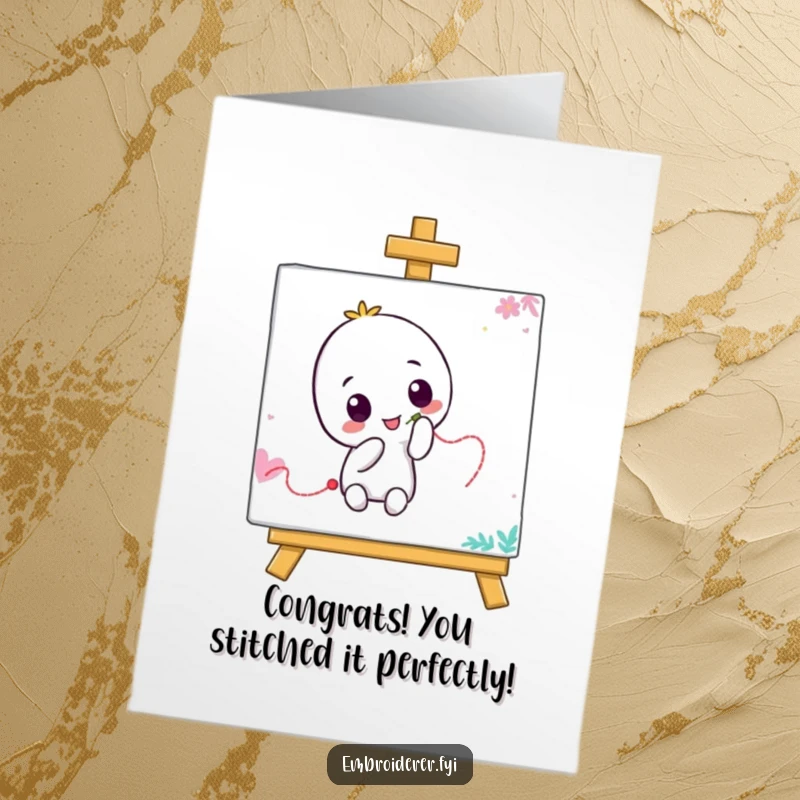 Funny Free Printable Congrats Card: Amusing character humorously stitches a wiggly thread line on a vibrant canvas, celebrating an achievement.