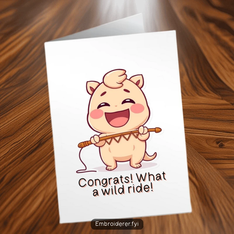 Funny Free Printable Congrats Card: Gleeful character laughs while stitching a comical zig-zag pattern, celebrating achievements with humor.