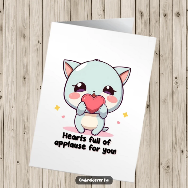 Funny Free Printable Congratulations Card of a character excitedly showing off a small, imperfectly perfect embroidered heart, celebrating love.