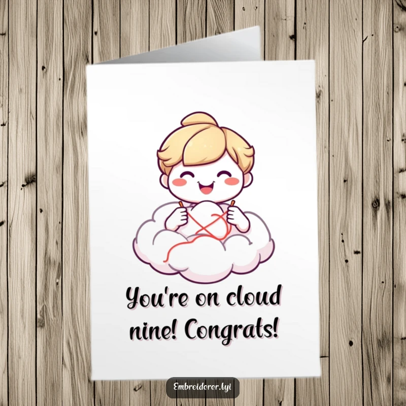Funny Free Printable Congratulations Card showing a smiling character sewing a fluffy, whimsical cloud, symbolizing new heights and success.