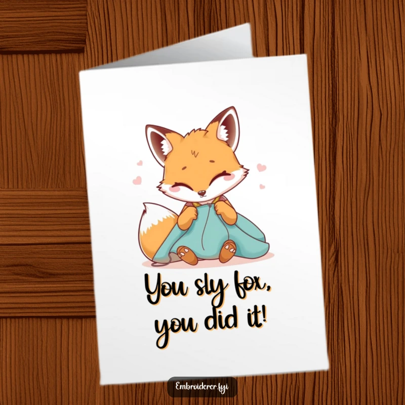 Funny free printable congratulations card: a winking fox expertly stitches fabric, celebrating a clever win.