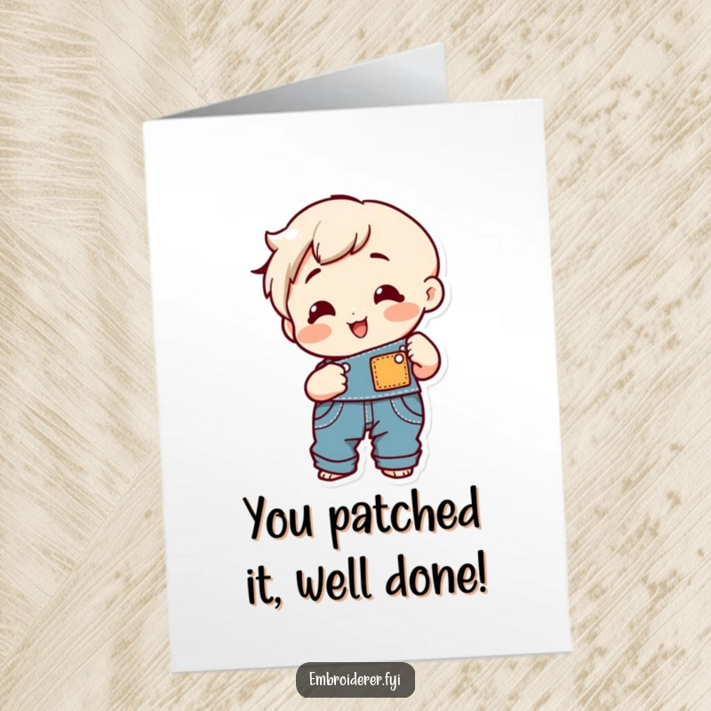 Funny Free Printable Congratulations Card: A cheerful character happily stitches a decorative patch onto a pair of overalls.