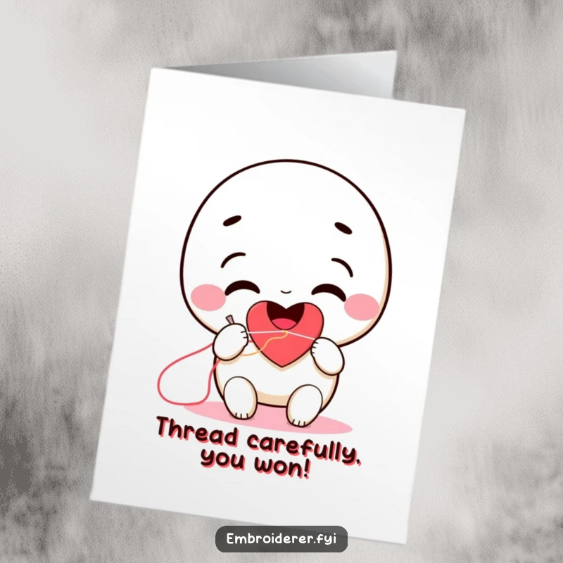 Funny Free Printable Congratulations Card: A smiling character carefully stitches a large red heart, symbolizing love and connection.